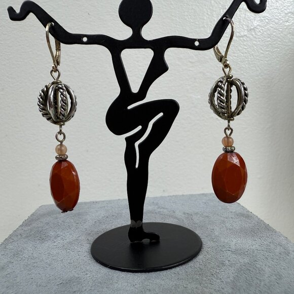 Silver Tone Ball w/ Brown Bead Dangle & Drop Pierced Earrings - Picture 1 of 9